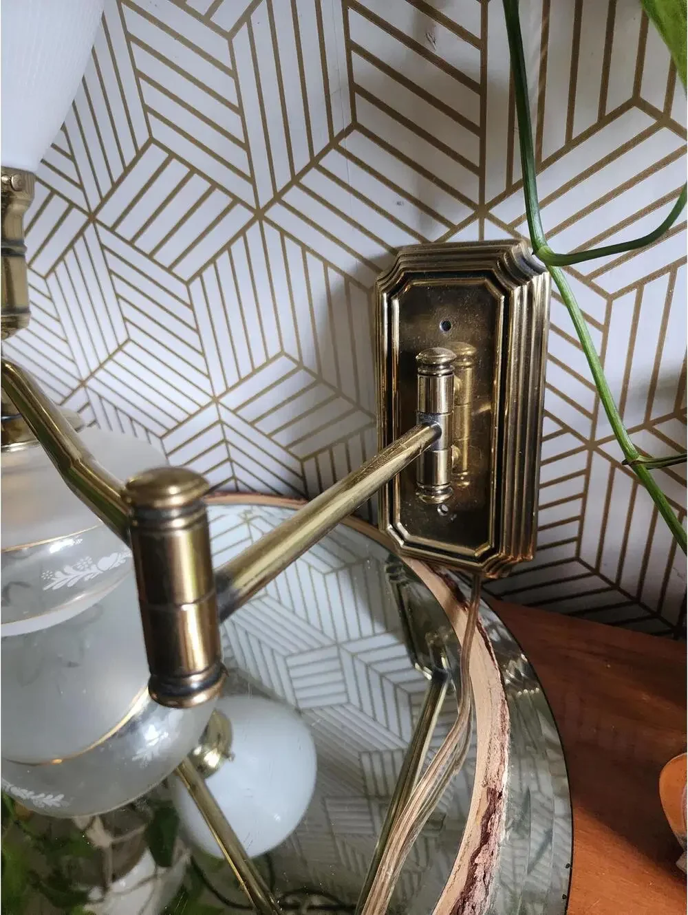 Vintage Brass and Etched Glass Swing Arm Wall 2 Way Lamp